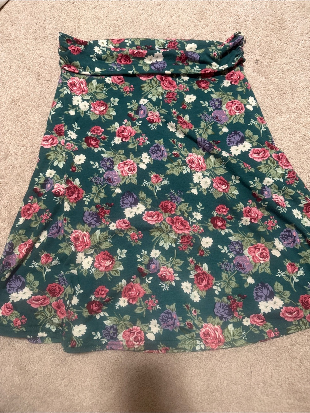 Floral A-Line Skirt in green with Pink & Purple Blooms